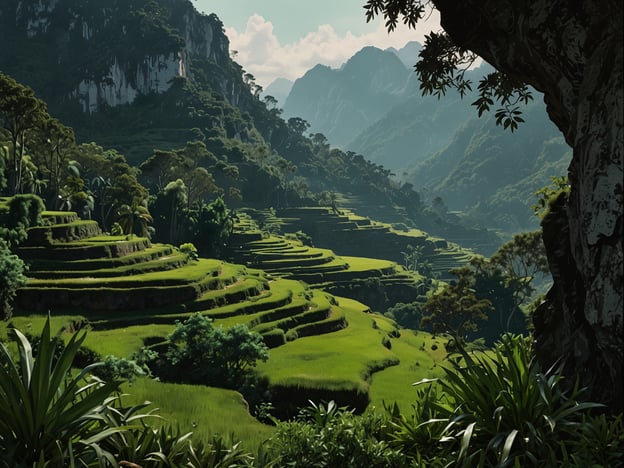 Auf dem Bild sind wunderschöne, terrassierte Reisfelder in einer üppigen, grünen Landschaft zu sehen. Die sanften Hügel und das Gewässer zwischen den Feldern schaffen eine harmonische Verbindung zwischen Mensch und Natur. Die majestätischen Berge im Hintergrund umrahmen die Szenerie und verleihen ihr eine friedliche Atmosphäre. Diese Landschaft spiegelt die eindrucksvollen Naturwunder Laots wider, wo das Zusammenspiel von Erde, Wasser und Pflanzen in perfekter Balance dargestellt wird. Es ist ein Ort, der zur Ruhe einlädt und die Schönheit der Natur feiert.