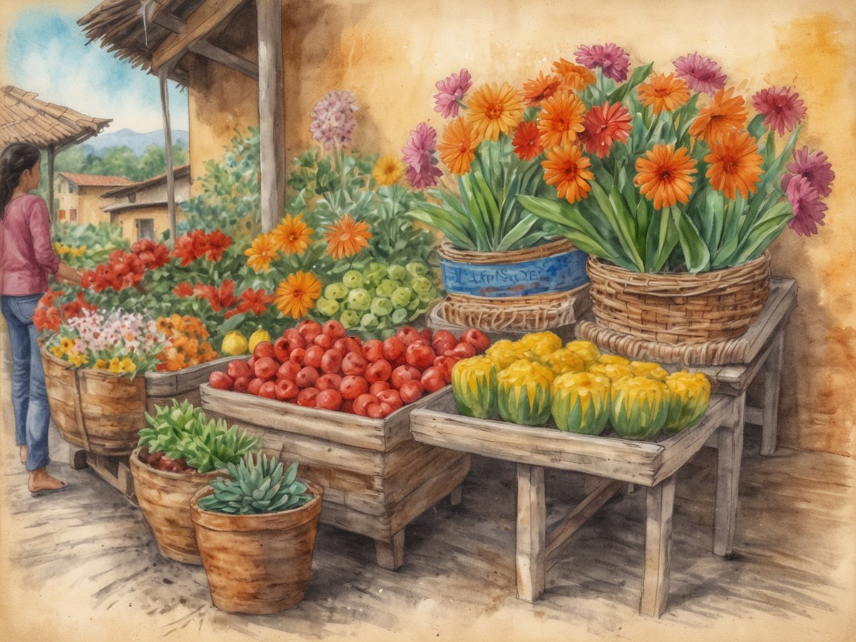 Ein farbenfroher Markt an der Ruta de Las Flores mit üppigen Ständen voller frischer Blumen und Obst. Im Vordergrund stehen große Holzkörbe mit leuchtend roten Äpfeln, gelben Kürbissen und grünen Äpfeln. Darin sind auch eine Vielzahl bunter Blumen zu sehen, die in verschiedenen Körben präsentiert werden. Eine Person mit langen Haaren und einem rosa Oberteil betrachtet die Blumen. Die Umgebung ist von sanften, warmen Farbtönen geprägt, die die lebendige Atmosphäre des Marktes unterstreichen.