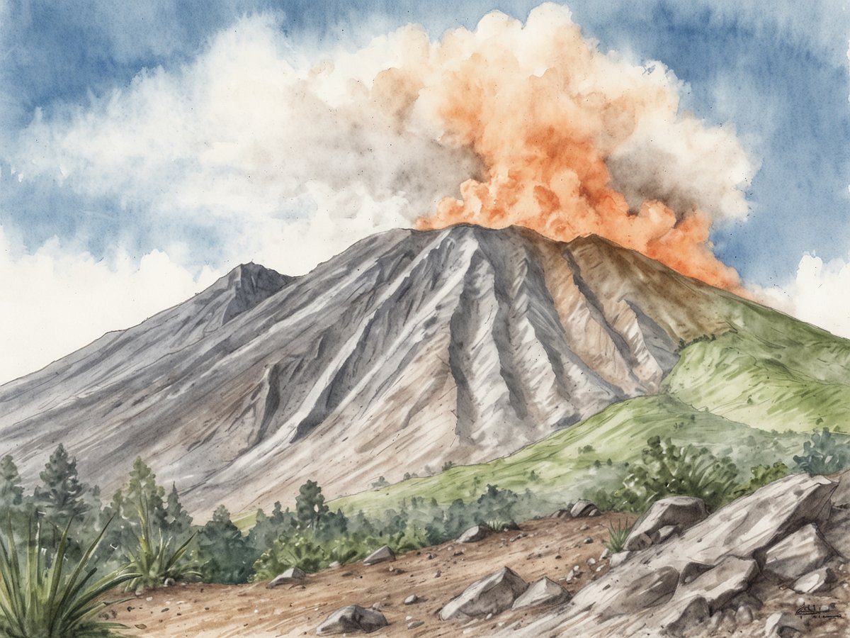 Der Santa Ana Vulkan erhebt sich majestätisch mit seiner charakteristischen Form und zeigt eine aktive Eruption. Aus dem Krater strömt Rauch und orangefarbene Asche in den blauen Himmel. Im Vordergrund sind schroffe, steinige Flächen und grüne Pflanzen zu sehen, die die vulkanische Landschaft prägen. Der Himmel ist teils bewölkt, was die dramatische Stimmung der Szene verstärkt.