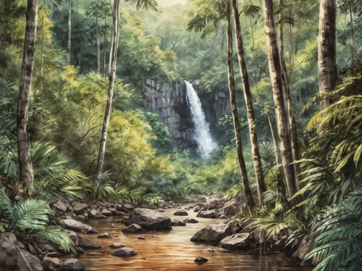 Ein malerischer Wasserfall stürzt inmitten üppiger, grüner Vegetation im El Imposible Nationalpark. Dichtbewachsene Bäume umrahmen den Wasserfall, während ein ruhiger Fluss mit glitzerndem Wasser und glatten Steinen die Szenerie prägt. Die sanfte Lichtdurchflutung sorgt für eine idyllische Atmosphäre, die die natürliche Schönheit des größten Schutzgebiets El Salvadors hervorhebt.
