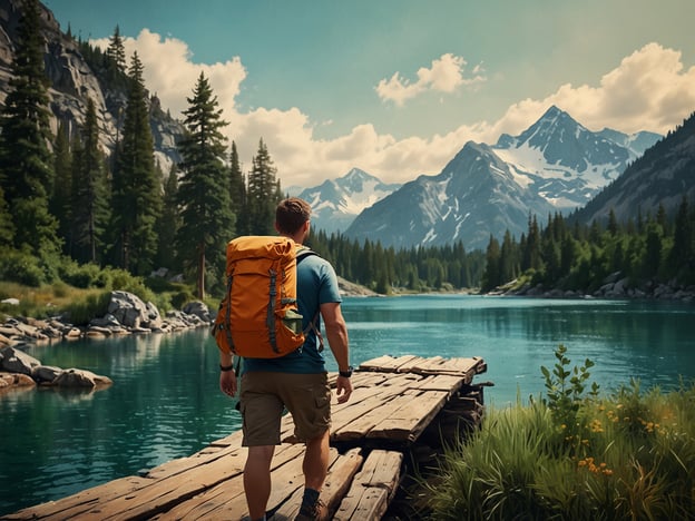 Auf dem Bild ist eine beeindruckende Landschaft zu sehen, die sich ideal für Abenteueraktivitäten in der Natur eignet. Ein Wanderer mit einem großen Rucksack steht auf einem Holzsteg und schaut auf einen glasklaren See, umgeben von hohen Bergen und dichten Wäldern. Diese Szenerie lädt zu Aktivitäten wie Wandern, Camping oder Kayakfahren ein. Die malerische Umgebung bietet auch Möglichkeiten für Fotografie und Naturerkundungen.