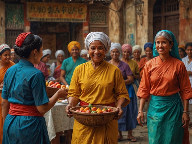 Auf dem Bild sind mehrere Frauen zu sehen, die fröhlich zusammenkommen, wahrscheinlich in einem Markt- oder Festivalsetting. Diese Szene spiegelt ein lebendiges kulturelles Erlebnis wider, das in vielen Teilen der Welt üblich ist, wo Gemeinschaftsveranstaltungen oft mit der Zubereitung oder dem Verkauf von Lebensmitteln verbunden sind. 

Die Frauen tragen traditionelle, farbenfrohe Kleidung und scheinen Obst in Körben zu transportieren, was auf eine wichtige Rolle der Gastronomie in der Gemeinschaft hinweist. Solche Szenen könnten Teil eines Festes oder eines Markttages sein, an dem regionale Produkte und kulinarische Spezialitäten präsentiert und geteilt werden. Solche Erlebnisse fördern nicht nur den sozialen Zusammenhalt, sondern sind auch eine Feier der lokalen Kultur und Gastronomie.