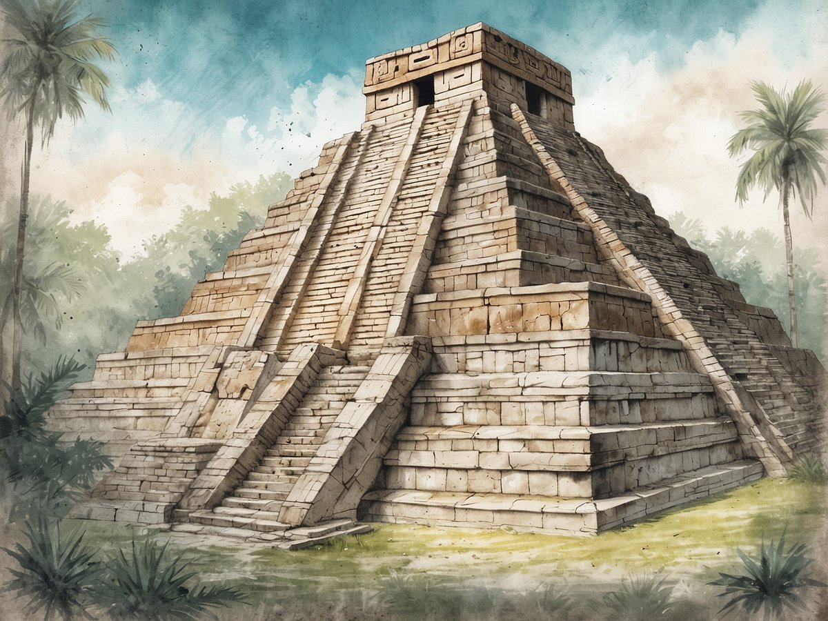 Die Maya-Ruinen von Tazumal in El Salvador zeigen eine prächtige Tempelpyramide, die von einer grünen, üppigen Vegetation umgeben ist. Die Pyramide ist aus großen Steinblöcken erbaut und hat eine breite Treppe, die zu ihrem Gipfel führt. Der Himmel darüber ist in sanften Blau- und Grautönen gehalten, während Palmen und andere Pflanzen im Vordergrund für eine tropische Atmosphäre sorgen.