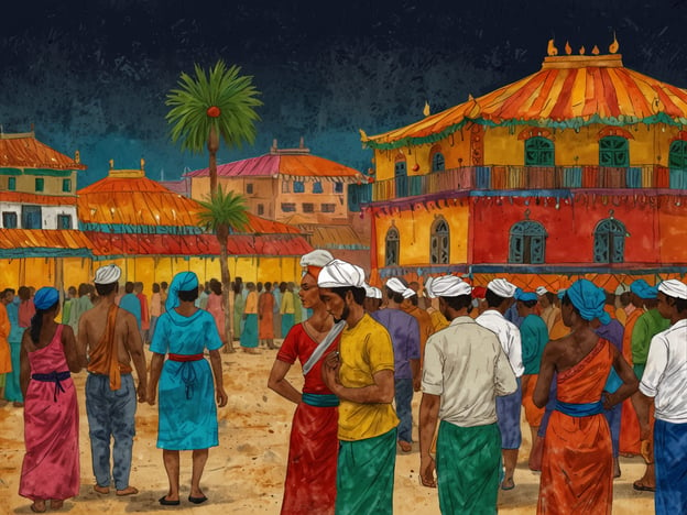 Auf dem Bild ist eine lebendige Szene zu sehen, die das kulturelle Leben in Sri Lanka widerspiegelt. Menschen in traditionellen Gewändern versammeln sich in einem farbenfrohen Markt oder einer Festlichkeit. Die Gebäudearchitektur zeigt typisch srilankische Elemente mit bunten Dächern und verzierten Fassaden, was die kulturelle Vielfalt des Landes unterstreicht. Die Menschen scheinen in der Interaktion zu sein, möglicherweise feiern sie ein Fest oder nehmen an einer traditionellen Veranstaltung teil. Diese Darstellung spiegelt die verschiedenen Ethnien und Traditionen wider, die Sri Lanka prägen, einschließlich der tamilischen, singhalesischen und muslimischen Kulturen.