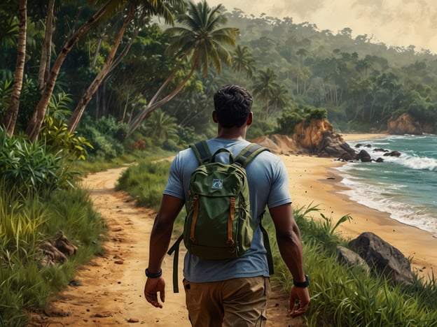 Auf dem Bild ist eine Person zu sehen, die auf einem malerischen Weg entlang eines Strandes wandert. Die Umgebung ist tropisch, mit Palmen und sanften Wellen im Hintergrund. Dies könnte der perfekte Ort für abenteuerlustige Aktivitäten sein, wie zum Beispiel:

1. **Wanderungen** entlang malerischer Küstenpfade, um die Natur zu erkunden.
2. **Schwimmen oder Schnorcheln** im klaren Wasser, um die Unterwasserwelt zu entdecken.
3. **Kajakfahren** oder **Stand-Up-Paddleboarding** für ein aktives Erlebnis auf dem Wasser.
4. **Camping** am Strand, um die Nacht unter dem Sternenhimmel zu verbringen.
5. **Fotografie** von den beeindruckenden Landschaften und tierischen Bewohnern der Gegend.

Solche Aktivitäten können ein unvergessliches Abenteuer in einer tropischen Kulisse bieten!