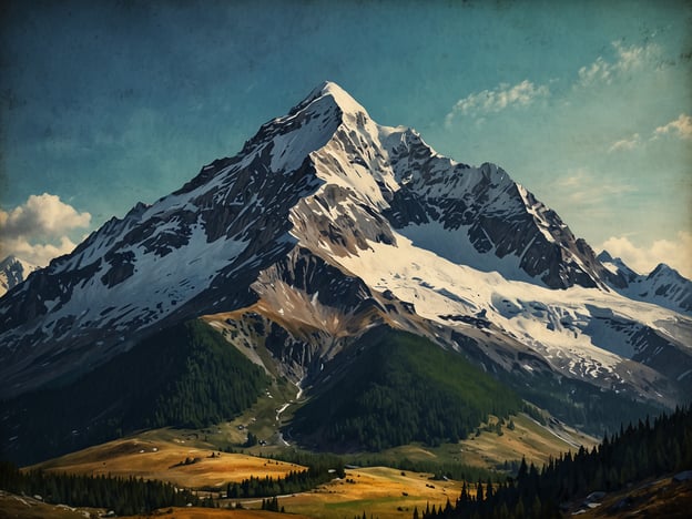 Auf dem Bild sind die majestätischen Himalaya-Gipfel zu sehen, umgeben von einer beeindruckenden Landschaft mit schneebedeckten Gipfeln, sanften Hügeln und üppigem Grün. Der Himmel hat eine klare, blaue Färbung, die die Schönheit der Berge unterstreicht.