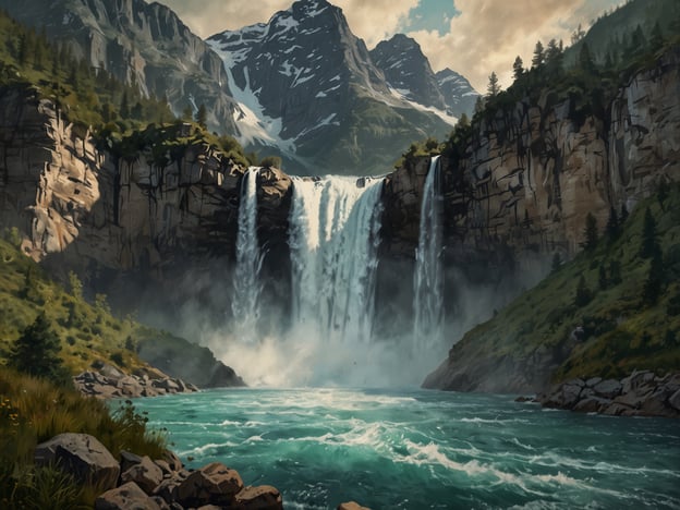 Auf dem Bild sind beeindruckende Naturwunder zu sehen. Es zeigt majestätische Berge, die von einem klaren Himmel umrahmt werden, und einen beeindruckenden Wasserfall, der in einen türkisfarbenen Fluss stürzt. Rund um den Wasserfall erstrecken sich grüne Hügel und Felsen, die die Landschaft lebendig wirken lassen. Diese Szenerie vermittelt ein Gefühl von Ruhigheit und der Schönheit der Natur.