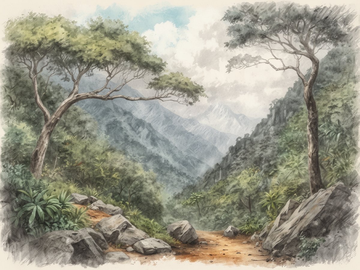 Ein verwunschener Nebelwald im Montecristo Nationalpark zeigt eine schmale, sanft geschwungene Pfadlandschaft, umgeben von üppigem Grün und hohen Bäumen. Der Weg ist von großen, glatten Steinen und buntem Pflanzenbewuchs gesäumt, während entfernte, majestätische Berge die Kulisse bilden. Der Himmel ist leicht bewölkt, was dem Bild eine mystische Atmosphäre verleiht. Die Lichtverhältnisse sind sanft, wodurch die Farben der Natur dezent hervorgehoben werden und die Szenerie einladend und geheimnisvoll wirkt.