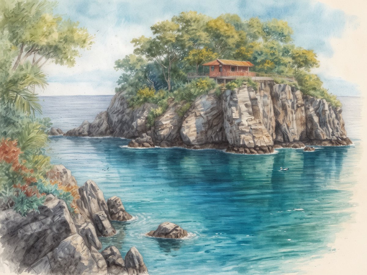 Eine ruhige Küstenlandschaft mit einem kleinen Holzhaus auf einem hohen Felsen, umgeben von dichtem, grünem Laub. Das Wasser ist klar und schimmert in verschiedenen Blautönen, während sich sanfte Wellen an die felsige Küste schmiegen. Im Hintergrund ist der Horizont sichtbar, der nahtlos in den wolkenlosen Himmel übergeht. Die Szenerie strahlt eine friedliche und tropische Atmosphäre aus, ideal für Aktivitäten wie Tauchen und Schnorcheln.