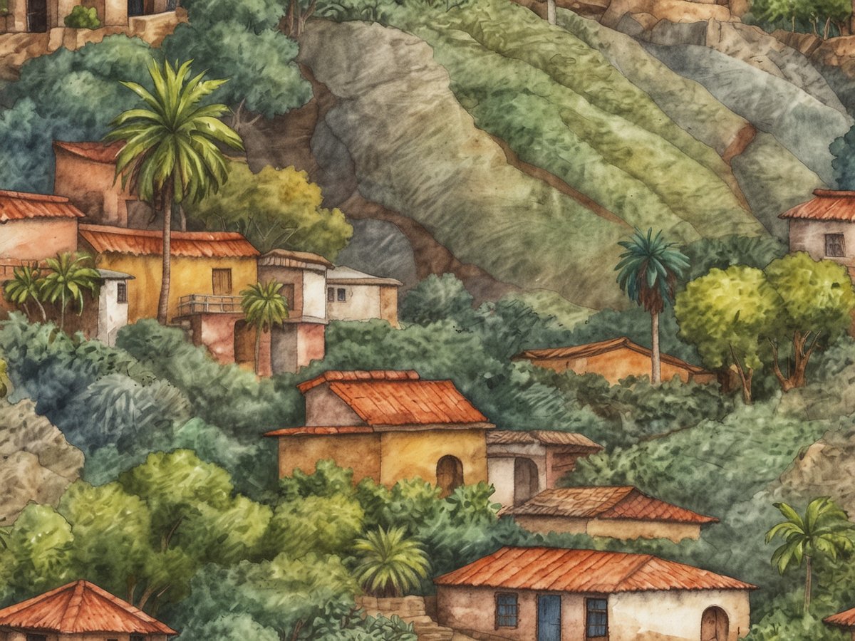 Eine malerische Ansicht von La Palma mit farbenfrohen, traditionellen Häusern, die sich in die hügelige Landschaft von El Salvador einfügen. Die Dächer sind mit roten Ziegeln gedeckt, während üppige grüne Vegetation, darunter Palmen und Sträucher, die Gebäude umgibt. Im Hintergrund erheben sich sanfte Berge, die mit reichhaltigen, in verschiedenen Grüntönen nuancierten Flora bedeckt sind. Die entspannte Atmosphäre des ländlichen Lebens wird durch die harmonische Verbindung von Architektur und Natur unterstrichen.