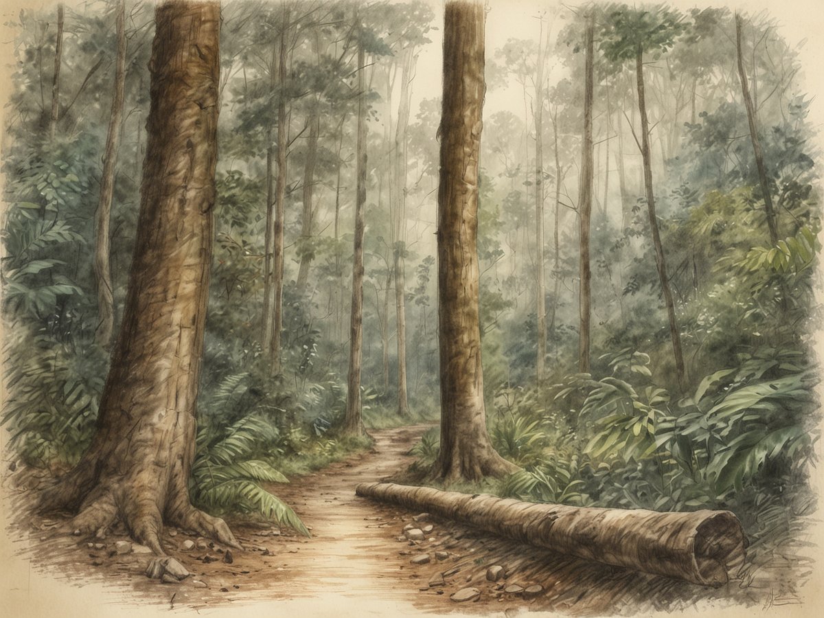 Ein malerischer Pfad schlängelt sich durch den Cinquera Forest, umgeben von hohen, majestätischen Bäumen, deren Stämme rau und kräftig wirken. Der dichte, grüne Unterwuchs zeigt eine Vielzahl von Pflanzen, die harmonisch im natürlichen Licht schimmern. Ein umgestürzter Baumstamm liegt quer über den Weg, während ein leichter Nebel die Atmosphäre mystisch und einladend gestaltet. Die Szenerie vermittelt ein Gefühl von Ruhe und der reichen Geschichte des geschützten Waldes.