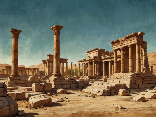 Das Bild zeigt eine antike Ruinenlandschaft, die wahrscheinlich an den berühmten Stätten in Syrien inspiriert ist, wie zum Beispiel Palmyra. Diese beeindruckenden Überreste zeugen von der einstigen Pracht und dem kulturellen Reichtum der Region. 

Syrien hat eine faszinierende antike Geschichte, geprägt von verschiedenen Zivilisationen, darunter die Ugariter, Assyrer und Römer. Besonders bemerkenswert sind die monumentalen Tempel, die oft beeindruckende Säulen und kunstvolle Skulpturen aufweisen. Palmyra, einst ein blühender Handelsplatz, war ein Knotenpunkt zwischen dem Westen und dem Osten und zeigte eine einzigartige Mischung aus architektonischen Stilen. 

Die erhaltenen Ruinen sind heute nicht nur ein Zeugnis der ehemaligen Baumeisterkunst, sondern auch ein wertvolles Erbe, das die kulturelle Vielfalt und den Einfluss dieser Region auf die Geschichte verdeutlicht.