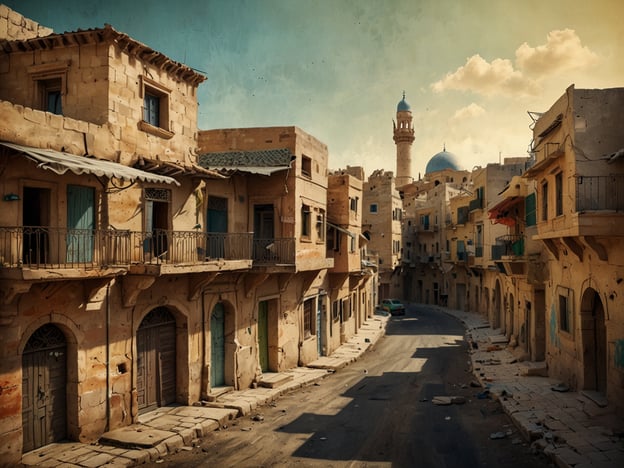 Auf dem Bild ist eine verlassene Straße in einer modernen Stadt Syriens zu sehen, die möglicherweise typisch für Städte wie Aleppo oder Homs ist. Die Architektur zeigt einen Einfluss traditioneller syrischer Baustile, gekennzeichnet durch die Verwendung von warmen Steinen und filigranen Balkonen. 

Die erhaltenen Minarett- und Kuppelstrukturen im Hintergrund deuten auf das reiche kulturelle Erbe und die religiöse Vielfalt der Region hin. Die Abwesenheit von Menschen und die Tristesse der Umgebung lassen auf die Auswirkungen des Konflikts in den letzten Jahren schließen, was in vielen historischen Städten Syriens zu beobachten ist. Der Übergang zwischen dem kulturellen Erbe und den gegenwärtigen Herausforderungen spiegelt eine komplexe Geschichte wider, die sowohl die Schönheit als auch die Verwundbarkeit dieser Städte umfasst.