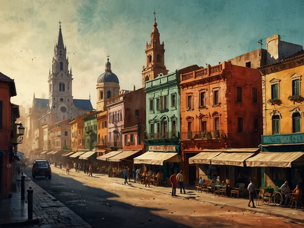 Auf dem Bild ist eine lebendige Straßenansicht mit bunten Häusern und Cafés zu sehen, die eine einladende Atmosphäre ausstrahlt. Die Architektur ist vielfältig und erinnert an die pulsierende Hauptstadt Beirut. Menschen sitzen an den Tischen der Cafés, während Autos und Fußgänger die Straße beleben. Im Hintergrund sind verschiedene Türme und Kirchen sichtbar, die das kulturelle Erbe der Stadt widerspiegeln. Die warme Beleuchtung und der sonnige Himmel verleihen der Szene einen ansprechenden Charme.