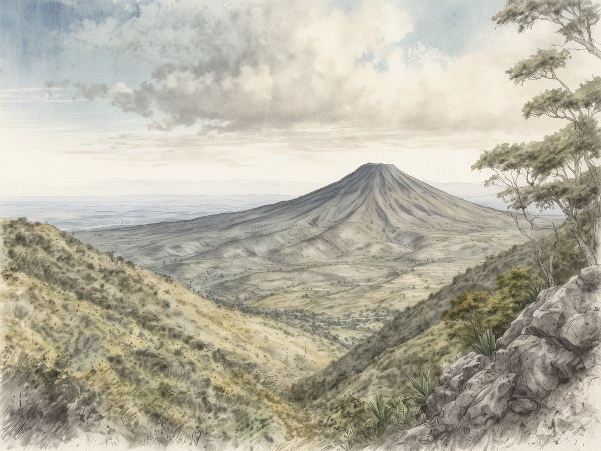 Panoramablick vom Rand des Boquerón-Vulkans im El Boquerón Nationalpark, der majestätische Vulkan erhebt sich sanft und dominiert die Landschaft mit seinen sanften Hängen. Im Hintergrund erstreckt sich eine weite, grüne Ebene unter einem leicht bewölkten Himmel, während die Lichtverhältnisse eine ruhige und friedliche Atmosphäre schaffen. Der Vordergrund zeigt steinige Flächen und vereinzelte Bäume, die die natürliche Schönheit der Umgebung unterstreichen.