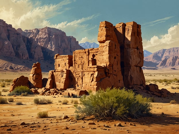 Auf dem Bild ist eine beeindruckende Felslandschaft zu sehen, die an die faszinierenden Ruinen von Petra erinnert. Diese antike Stadt, die in den Felsen der jordanischen Wüste gebaut wurde, zeichnet sich durch ihre beeindruckenden Architektur und kunstvollen Fassaden aus. Die große Felsenstruktur im Vordergrund könnte an die legendären Bauwerke Petras erinnern, während die umgebende Wüste und die majestätischen Berge im Hintergrund die atemberaubende natürliche Schönheit der Region unterstreichen. Die Farben und Formen vermitteln ein Gefühl von Historie und Geheimnis, das mit der Faszination von Petra eng verbunden ist.