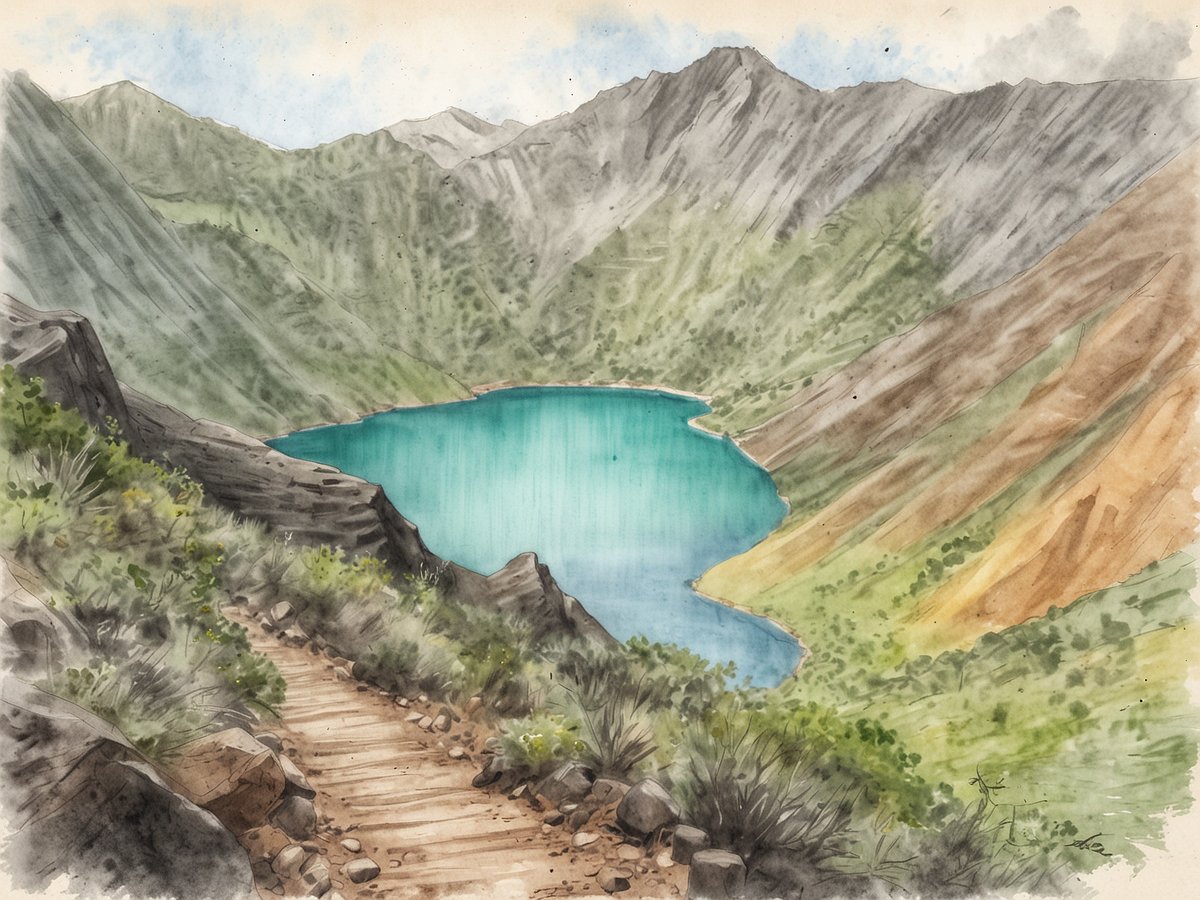 Ein malerischer Blick auf den Cerro Verde Nationalpark mit Wanderwegen, die zu einem klaren, türkisfarbenen See führen, umgeben von sattem grünem Gelände und majestätischen Bergen. Die Landschaft zeigt steile Hänge und sanfte Kurven, die die natürliche Schönheit des Parks betonen, während der Himmel in sanften Blautönen leuchtet. Ideal für Wanderungen mit Aussicht auf Vulkane und Seen.