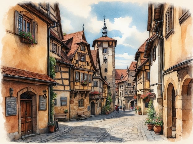 Auf dem Bild ist eine malerische, historische Straßenansicht zu sehen, die an viele schöne Städte in Deutschland erinnert. Besonders könnte es sich um einen Ort wie Rothenburg ob der Tauber handeln, bekannt für seine gut erhaltene mittelalterliche Architektur. Die engen Gassen, Fachwerkhäuser und der Turm im Hintergrund sind charakteristisch für viele kleinere Städte in Deutschland. Ähnliche Städte, die für ihre historische Altstadt berühmt sind, sind beispielsweise Dinkelsbühl und Nördlingen.