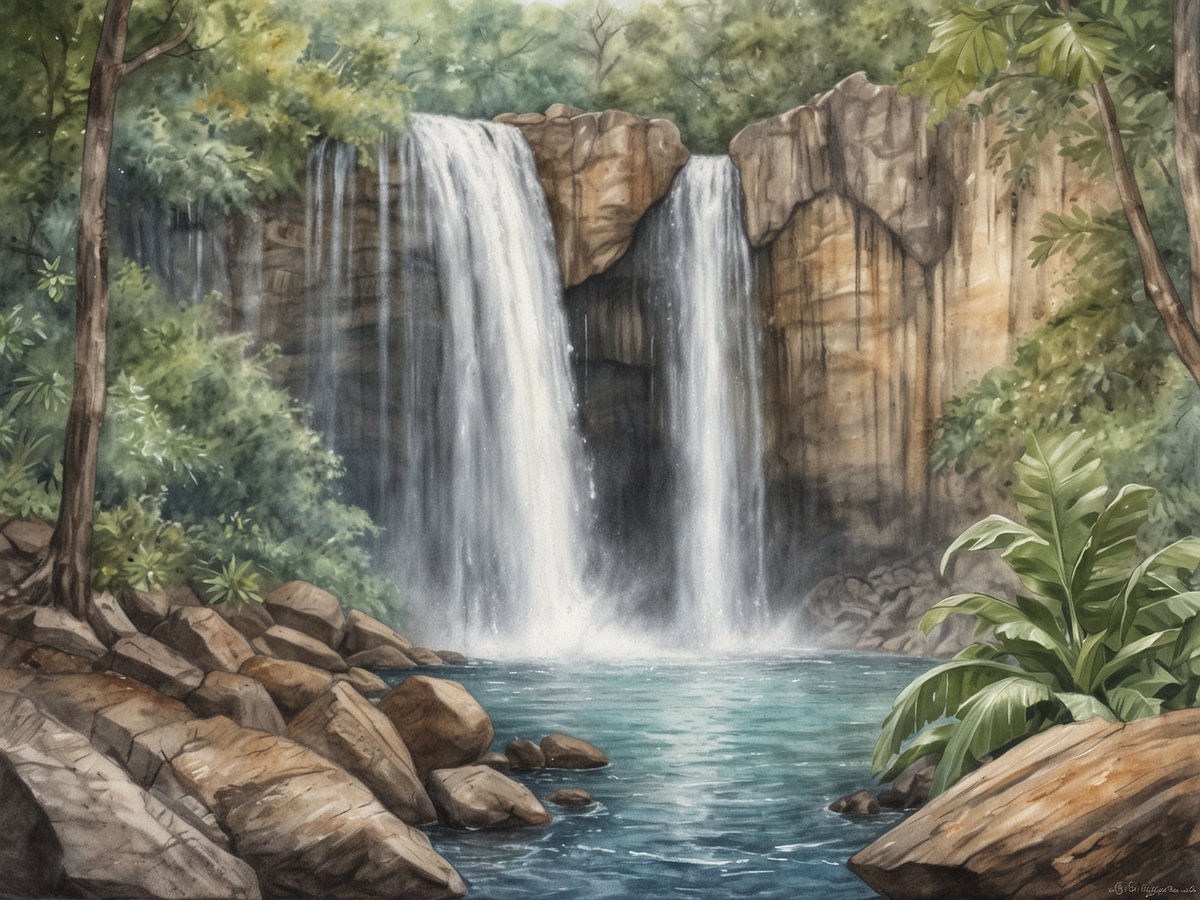Ein versteckter Wasserfall fließt majestätisch über eine hohe Felswand und ergießt sich in ein klares, ruhiges Wasserbecken. Die Umgebung ist üppig bewachsen mit verschiedenen grünen Pflanzen und Bäumen, die dem Ort eine friedliche und abgelegene Atmosphäre verleihen. Große Steine liegen am Ufer des Wassers, und sanfte Wasserfälle erzeugen einen leichten Sprühnebel, der die frische Luft erfrischt. Die Szenerie strahlt Ruhe und natürliche Schönheit aus.