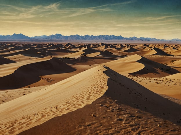 Auf dem Bild sind weite, sandige Wüstenlandschaften zu sehen, die an die Wüsten Saudi-Arabiens erinnern. Die sanften Sanddünen erstrecken sich bis zum Horizont, während im Hintergrund Gebirgen sichtbar sind. Die Farben des Himmels spiegeln die frühen Morgen- oder späten Abendstunden wider, was dem Szenario eine ruhige und majestätische Atmosphäre verleiht. Die Landschaft ist geprägt von natürlichen Formen und Schatten, die durch die lichtspielenden Höhen und Tiefen der Dünen entstehen.