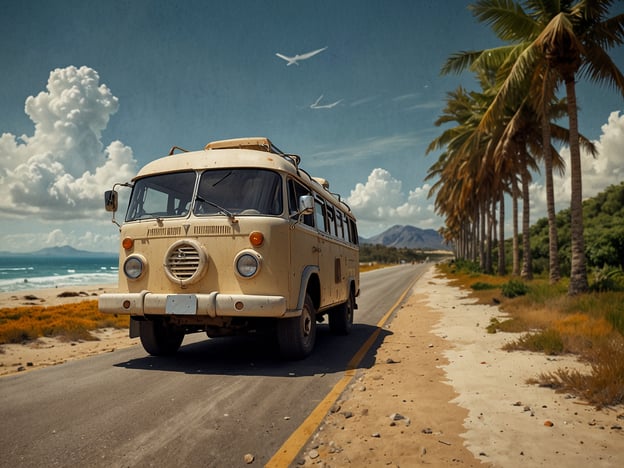 Auf dem Bild ist ein nostalgischer Bus auf einer malerischen Küstenstraße zu sehen, umgeben von Palmen und einem klaren Himmel. In der Zukunft wird der Trend zur Nutzung solcher klassischen Fahrzeuge weiterhin eine Herausforderung darstellen, da nachhaltige Mobilität an Bedeutung gewinnt. Es könnte eine Bewegung hin zu umweltfreundlicheren Alternativen geben, wie Elektrofahrzeugen oder moderneren Campern. 

Darüber hinaus wird das Bewusstsein für die Erhaltung solcher älteren Fahrzeuge zunehmen, was sowohl Chancen als auch Herausforderungen für Liebhaber und Sammler mit sich bringt. Die Erhaltung und Restaurierung könnte durch neue Technologien und Materialien unterstützt werden, während gleichzeitig die Bedürfnisse einer umweltbewussteren Gesellschaft berücksichtigt werden müssen.