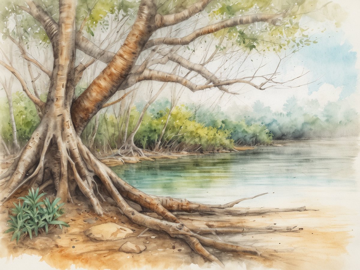 Eine detaillierte Darstellung eines Mangrovenbaums mit weit ausladenden Wurzeln und einem schmalen Wasserlauf im Hintergrund. Das Bild zeigt die üppige Vegetation des Bahía de Jiquilisco, mit grünem Blätterwerk und weichen Farben, die eine friedliche, natürliche Umgebung schaffen. Der sandige Boden ist mit einigen Steinen und kleinen Pflanzen bedeckt, während sich das ruhige Wasser sanft in der Nähe widerspiegelt, umgeben von weiterer grüner Flora.