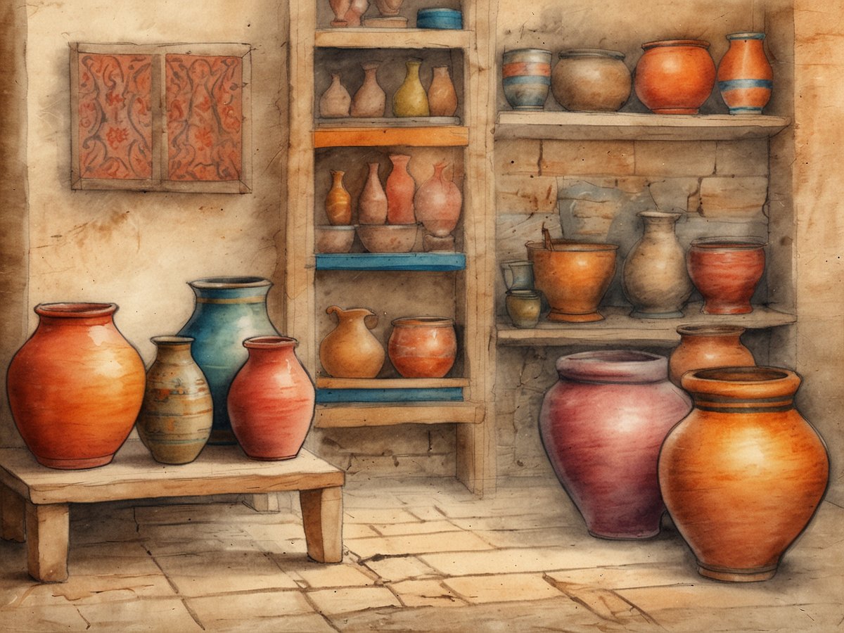 Eine Vielzahl farbenfroher Töpferwaren ist in einem traditionellen Handwerksraum ausgestellt. Im Vordergrund stehen mehrere Töpfe in verschiedenen Größen und Farben auf einem Holztisch. Im Hintergrund sind Regale, die weitere Töpferwaren ausstellen, darunter kleine und große Krüge sowie Schalen. Die Wände sind aus Stein und die Beleuchtung vermittelt eine warme, einladende Atmosphäre. Ein dekorativer Wandbehang ergänzt die rustikale Einrichtung.