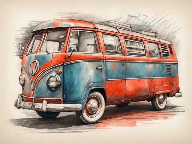 Auf dem Bild ist ein farbenfroher Volkswagen-Bus zu sehen, der in einem künstlerischen Stil dargestellt ist. Die Kombination aus Blau und Orange verleiht ihm einen nostalgischen Charme. Der Volkswagen-Bus ist ein Symbol für Freiheit und Reisen, ähnlich wie die beeindruckende Architektur von Berlin, die sich durch eine kreative und vielfältige Ästhetik auszeichnet. Berlin ist bekannt für seine Mischung aus historischen und modernen Bauwerken, die das Stadtbild prägen und eine lebendige Kultur ausdrücken.