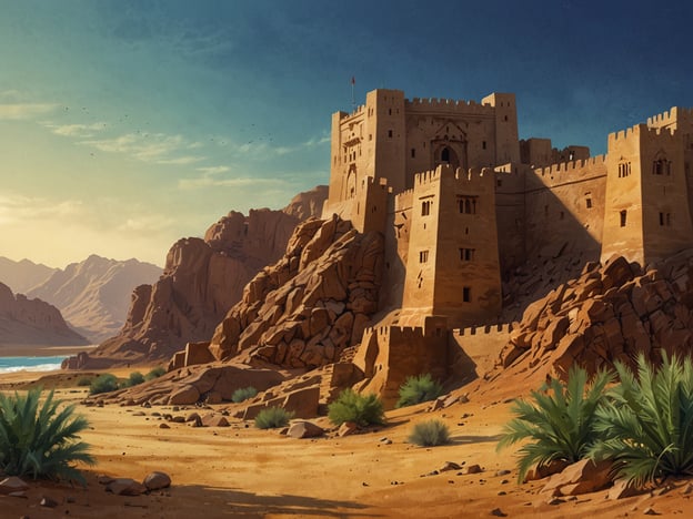 Das Bild zeigt eine beeindruckende Burglandschaft, die in eine malerische Wüsten- und Berglandschaft eingebettet ist. Die Architektur erinnert an die traditionellen Burgen im Oman, die oft aus lokalem Stein erbaut und strategisch an erhobenen Orten platziert sind, um einen weiten Blick über die Umgebung zu ermöglichen.

Der Oman ist ein Land im Südosten der Arabischen Halbinsel, bekannt für seine reiche Geschichte, kulturelle Vielfalt und atemberaubende Landschaften, die von Wüsten bis zu atlantischen Küsten reichen. Die omanische Architektur ist geprägt von fortifizierten Städten und attraktiven Palästen, die die historische Bedeutung des Landes widerspiegeln. Die Szenerie zeigt die Harmonie zwischen der natürlichen Umgebung und den menschlichen Bauwerken, was typisch für die Kultur und Geschichte des Omans ist.