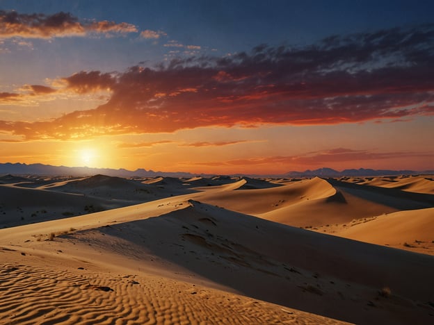 Das Bild zeigt eine beeindruckende Wüstenlandschaft, die an die Wüsten des Omans erinnert. Die sanften Dünen erstrecken sich über die horizontale Weite und sind in warmen Sandtönen gehalten, während der Sonnenuntergang den Himmel in lebendige Farben taucht. Die Wolken am Himmel verleihen der Szene eine malerische Note und betonen die beeindruckende Schönheit der omanischen Wüste. Die Landschaft strahlt Ruhe und Weite aus, typisch für die majestätischen Wüstenregionen des Omans.