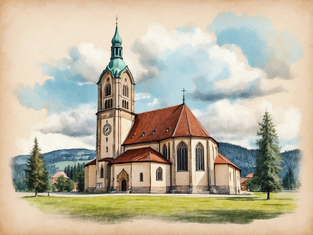 Die Stadtpfarrkirche Regen ist ein imposantes Bauwerk mit einem hohen, spitzen Turm und einer auffälligen Kupferkuppel. Das Gebäude verfügt über ein schräges, rotes Dach und filigrane Fenster mit gotischen Elementen. Umgeben von einer weitläufigen, grünen Wiese, schimmert die Kirche in der Sonne, während im Hintergrund sanfte Hügel und ein bewölkter Himmel zu sehen sind. Nadelbäume flankieren die Kirche und verleihen der Landschaft eine natürliche Schönheit.