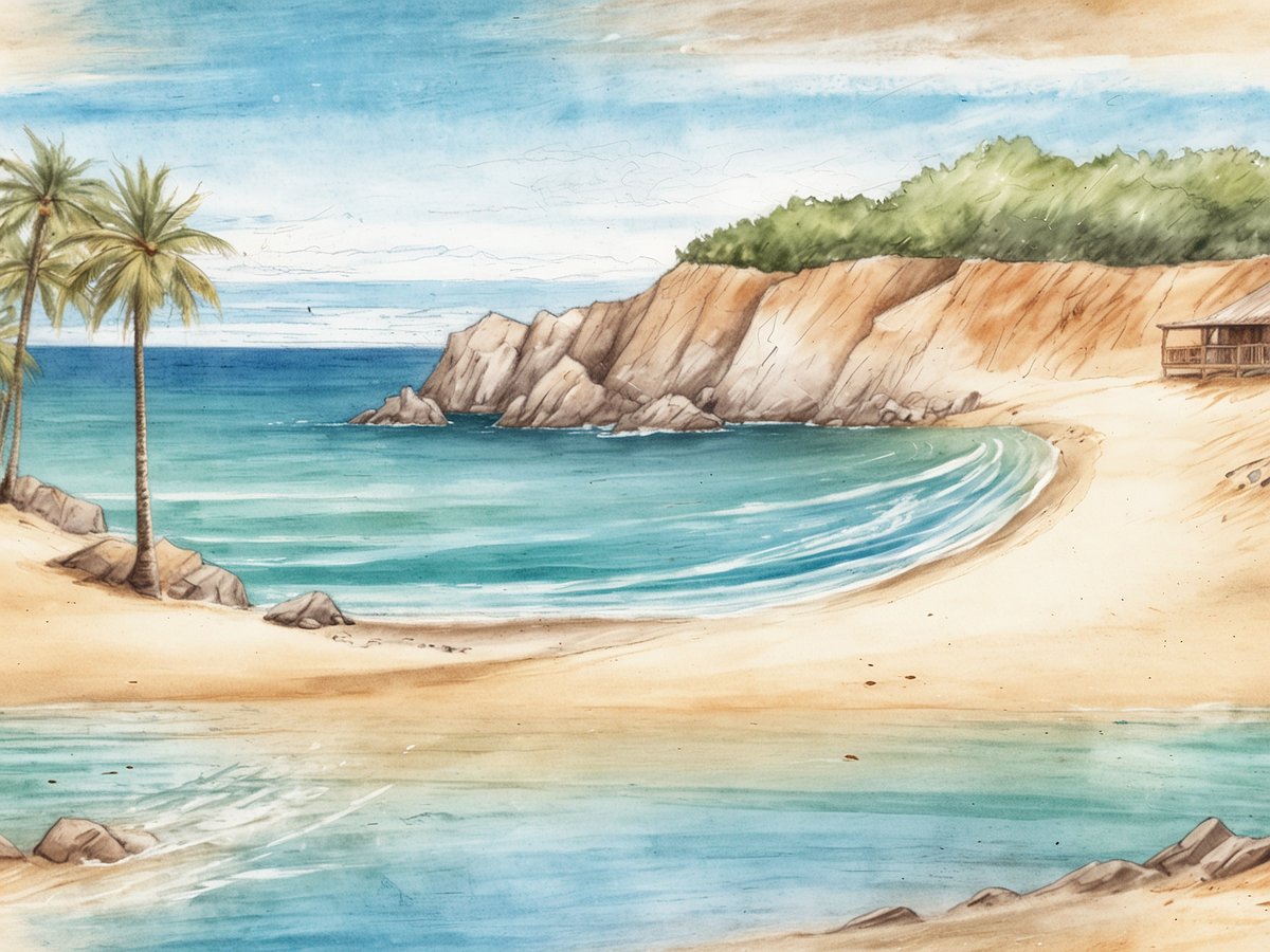Ein ruhiger Strand an der Pazifikküste mit weichem, goldenem Sand, umgeben von hohen Palmen. Im Hintergrund sieht man sanfte Hügel und klippenartige Felsformationen, die ins Wasser ragen. Das klare, türkisblaue Wasser des Meeres schwappt sanft gegen den Strand. Am rechten Rand ist eine kleine, gemütliche Holzstruktur sichtbar, die in die Küstenlandschaft eingebettet ist. Der Himmel strahlt in sanften Blau- und Weißtönen, und die Szene vermittelt ein Gefühl von Ruhe und Idylle.