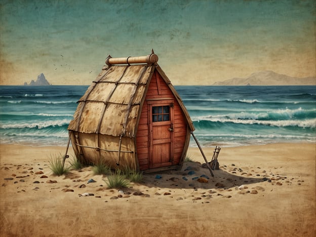 Auf dem Bild ist eine kleine, rote Strandhütte zu sehen, die aus Holz und mit einem Strohdach gebaut ist. Sie steht am Ufer eines Strandes, wo das Meer mit sanften Wellen anrollt. Im Hintergrund sind einige Felsen und Hügel, die die Küstenlandschaft prägen. Die Szenerie vermittelt ein Gefühl von Ruhe und Abgeschiedenheit und lädt zu Meeresabenteuern und Entspannung am Strand ein. Es ist ein idyllischer Ort, um die Natur zu genießen und das Meer zu erleben.