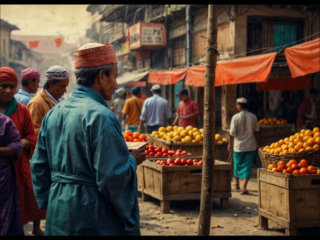 Auf dem Bild ist ein lebendiger Markt zu sehen, auf dem Menschen mit traditioneller Kleidung frisches Obst verkaufen und kaufen. Die Stände sind mit verschiedenen Früchten, darunter Tomaten und Orangen, gefüllt. Die Menschen scheinen in Gespräche vertieft zu sein, was die Gemeinschaft und den sozialen Austausch an solchen Orten widerspiegelt. Die Kleidung und die Atmosphäre deuten auf eine kulturelle Tradition hin, die das alltägliche Leben und den Handel in dieser Region prägt. Märkte wie dieser sind oft wichtige soziale und wirtschaftliche Zentren, die Teil des kulturellen Erbes der jeweiligen Gemeinschaft sind.