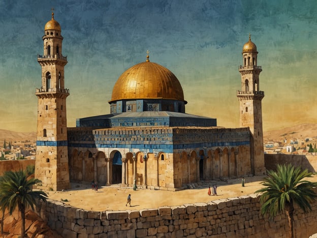 Auf dem Bild ist eine Darstellung des Felsendoms (Qubbat as-Sakhrah) in Jerusalem zu sehen. Dieser Ort hat sowohl im Islam als auch im Judentum eine große religiöse Bedeutung. 

Für Muslime ist der Felsendom ein wichtiger Ort, da er als der Ort gilt, von dem der Prophet Mohammed in den Himmel aufstieg. Dies macht ihn zu einem der heiligsten Stätten im Islam.

Für Juden ist die Stätte ebenfalls bedeutend, da sie sich über dem Fundament des ehemaligen jüdischen Tempels erhebt, der als der heiligste Ort im Judentum betrachtet wird. Der Tempelberg, auf dem sich der Felsendom befindet, ist ein zentrales Symbol in der jüdischen Religion und Geschichte.

Insgesamt ist der Felsendom ein ikonisches Symbol des religiösen Erbes und der kulturellen Identität für die Menschen, die sowohl im Islam als auch im Judentum verehrt werden.