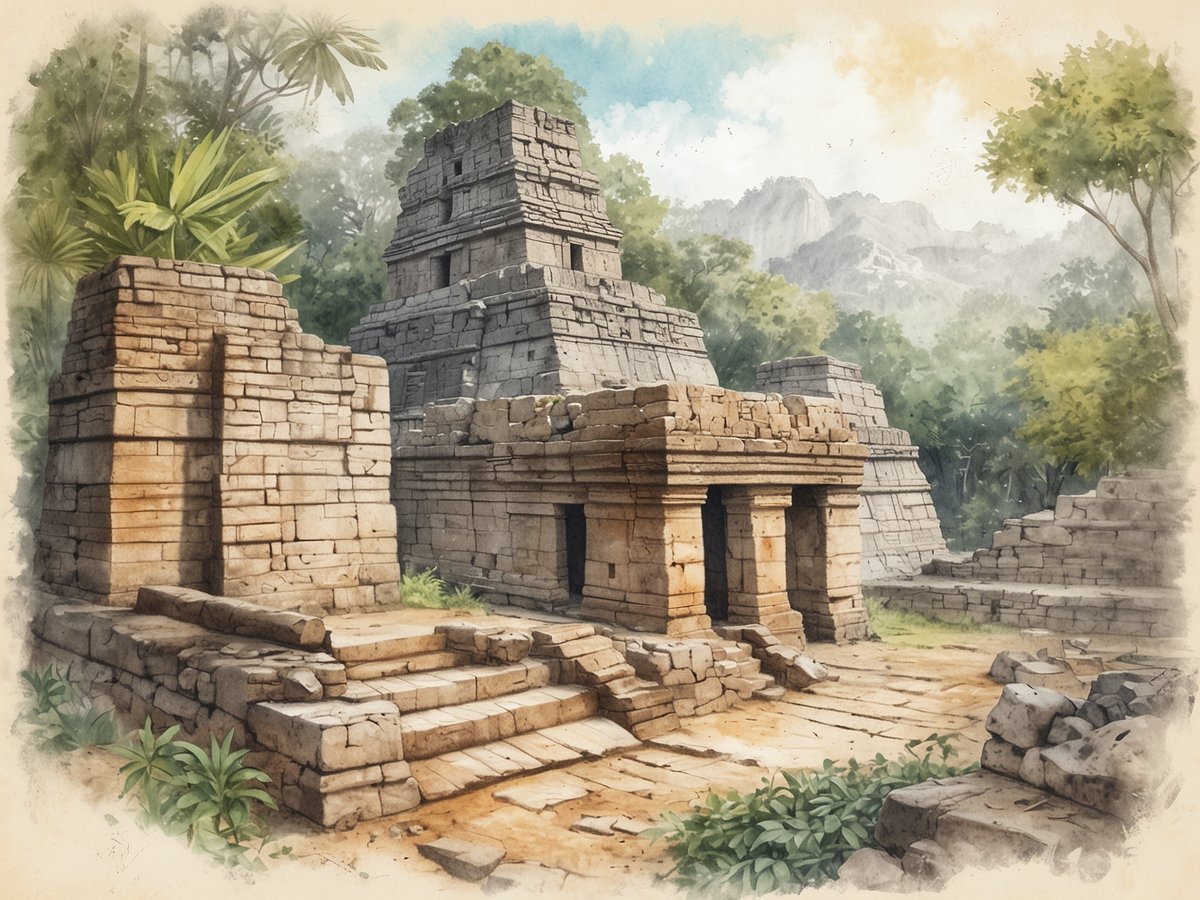 Die Cihuatan Ruinen zeigen ein eindrucksvolles Bild von alten Maya-Strukturen inmitten üppiger Vegetation. Im Vordergrund ist ein Steintreppe sichtbar, die zu einem rechteckigen Gebäude führt, das sich aus mehreren aufeinander gestapelten Steinquadern zusammensetzt. Links steht ein weiteres Gebäude mit einer offenen Fassade. Im Hintergrund erhebt sich ein großer Tempel mit einer charakteristischen pyramidenförmigen Spitze, umgeben von grünen Bäumen und sanften Hügeln. Der Himmel zeigt sanfte Farbtöne, die auf einen frühen Morgen oder späten Nachmittag hindeuten. Die Szenerie strahlt eine Atmosphäre von Geheimnis und historischem Erbe aus.
