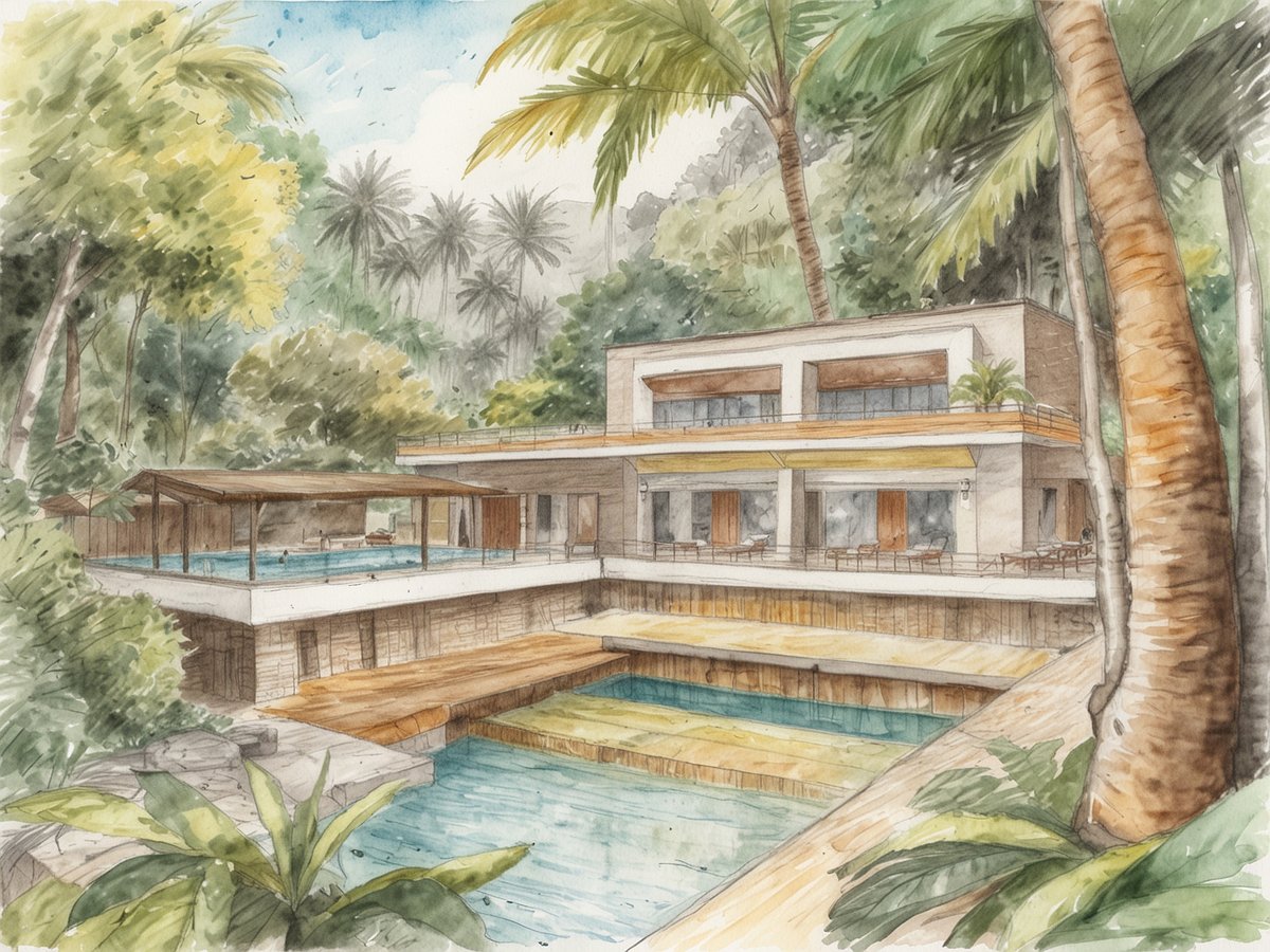 Eine moderne, elegante Unterkunft umgeben von tropischer Vegetation. Im Vordergrund fließt ein klarer Pool, in dem sich Menschen entspannen. Die Architektur ist stilvoll mit großen Fenstern und einem überdachten Terrassenbereich. Palmen und üppige Pflanzen rahmen die Szenerie ein, während im Hintergrund sanfte Hügel und ein bewölkter Himmel sichtbar sind. Dieses Bild vermittelt eine Atmosphäre der Ruhe und Entspannung in den heißen Quellen der Tropen.