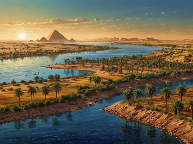 Auf dem Bild ist eine malerische Landschaft des Nildeltas zu sehen, das als Lebensader Ägyptens gilt. Der Nil schlängelt sich durch das grüne Delta, umgeben von Palmen und vegetationsreichen Ufern. Im Hintergrund erhebt sich die majestätische Pyramide, ein Symbol für die alte ägyptische Kultur. Die sanfte Beleuchtung des Sonnenuntergangs erzeugt eine stimmungsvolle Atmosphäre, die die Bedeutung des Nils für das Leben und die Zivilisation in Ägypten unterstreicht.