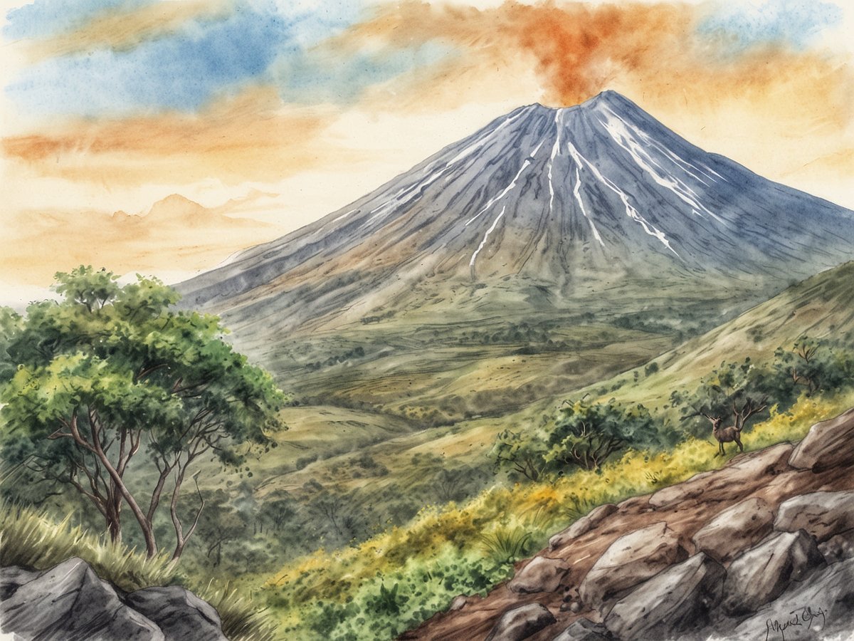 Der San Vicente Vulkan erhebt sich majestätisch im Hintergrund, mit einer angedeuteten Rauchentwicklung aus seinem Gipfel. Die vulkanische Landschaft ist von sanften Hügeln und üppigem Grün umgeben, mit strukturierter Vegetation und einigen verstreuten Bäumen im Vordergrund. Im unteren Bereich sind grobe Steine und Felsen sichtbar, während ein Reh auf der rechten Seite in der Nähe von Sträuchern steht. Der Himmel ist in warmen Farbtönen gehalten, die einen stimmungsvollen Sonnenuntergang andeuten, und die diversen Farbtöne unterstreichen die natürliche Schönheit der Gegend.