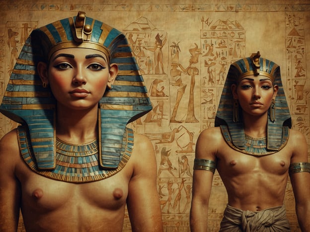 Das Bild zeigt zwei Figuren, die in ägyptischer Kleidung mit Pharaonentiteln und traditionellen Schmuckstücken dargestellt sind. Hinter ihnen sind Hieroglyphen und ägyptische Motive zu sehen, die für die alte Kultur Ägyptens typisch sind.

In der ägyptischen Mythologie spielen Pharaonen eine zentrale Rolle, da sie als göttliche Herrscher galten, die als Vermittler zwischen den Göttern und den Menschen fungierten. Ihre Darstellungen in Kunst und Architektur bezeugen den Glauben an ein Leben nach dem Tod und die Wichtigkeit der Götterverehrung.

Heute finden wir viele Spuren der ägyptischen Mythologie in verschiedenen Bereichen wie Literatur, Film und Popkultur. Symbole wie das Ankh oder die Pyramiden inspirieren weiterhin Künstler und Geschichtenerzähler. Ägyptische Mythologie beeinflusst auch moderne Erzählungen, Spiele und Kunst, wodurch sie einen bleibenden Einfluss auf die zeitgenössische Kultur hat.