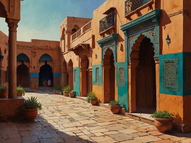 Auf dem Bild ist eine malerische Szene aus Marokko zu sehen. Die Architektur ist typisch für die marokkanischen Riads, mit bunten Wänden in Orange und Blau sowie kunstvoll verzierten Fensterläden und Türen. In der Mitte des Bildes erstreckt sich ein gepflasterter Innenhof, der von Topfpflanzen geschmückt ist. Die Atmosphäre wirkt einladend und vermittelt ein Gefühl von traditioneller marokkanischer Kultur und Handwerkskunst. Die bunten Akzente und die architektonischen Details zeigen die Schönheit und den Reichtum der marokkanischen Bauweise.