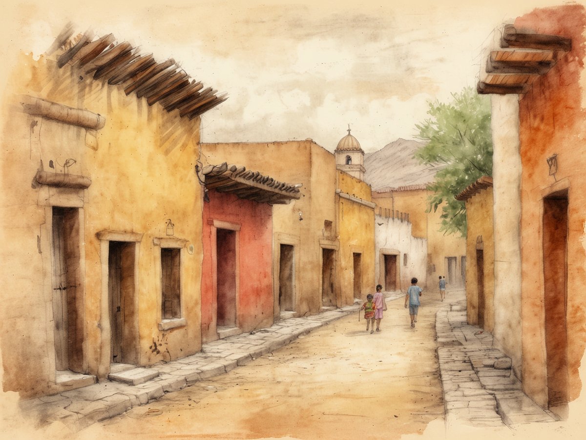 Eine malerische Straße in Tehuacán, einem historischen Dorf mit präkolumbianischer Geschichte, zeigt bunte, traditionell gestaltete Häuser mit unterschiedlichen Farbtönen. Im Vordergrund gehen mehrere Kinder, während im Hintergrund eine sanfte Berglandschaft und eine Kirche mit einer Kuppel sichtbar sind. Die gepflasterte Straße wird von üppigem Grün an den Seiten gesäumt, was eine ruhige und einladende Atmosphäre vermittelt.