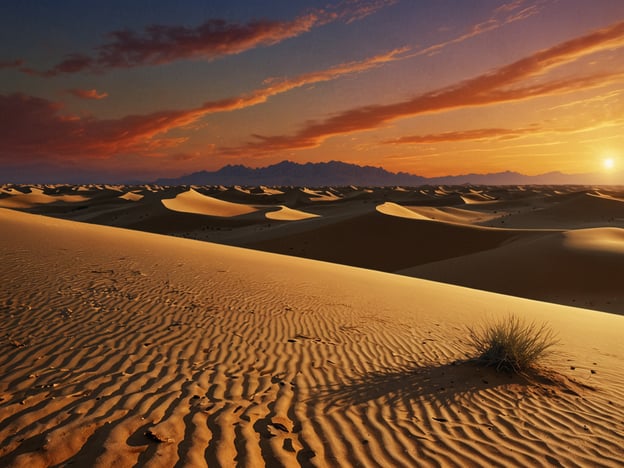 Auf dem Bild ist die Faszination der Sahara zu sehen. Die weiten, sanften Sanddünen erstrecken sich bis zum Horizont und sind in warmen, goldenen und orangefarbenen Farbtönen beleuchtet, während die Sonne hinter den Bergen aufgeht. Der Himmel ist mit faszinierenden Wolkenformationen geschmückt, die das Licht in unterschiedlichsten Nuancen reflektieren. Einzelne Grashalme und die feinen Muster im Sand verleihen der Landschaft eine besondere Tiefe und Struktur. Insgesamt strahlt das Bild eine ruhige, majestätische Schönheit aus, die die endlose Weite und die geheimnisvolle Anziehungskraft der Wüste verkörpert.