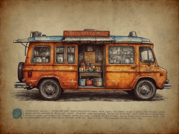 Das Bild zeigt einen rustikalen Food Truck in einem warmen Orangeton. Der Truck hat ein einladendes, nostalgisches Aussehen und die Fenster sind mit verschiedenen Töpfen und Küchenutensilien gefüllt. An der Seite sind frische Lebensmittel, wahrscheinlich aus regionaler Produktion, zu sehen. Die Beschriftung „PELLET TEARS COOMTEE“ deutet darauf hin, dass es sich um einen Ort für kulinarische Entdeckungen handelt, wo man lokale Spezialitäten und köstliche Gerichte erleben kann. Der Food Truck strahlt ein Gefühl von Gemütlichkeit und Originalität aus, ideal für Feinschmecker auf der Suche nach authentischen Geschmackserlebnissen.