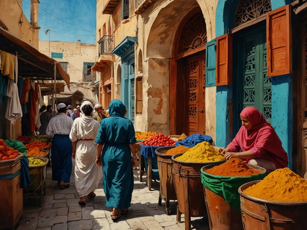 Auf dem Bild ist eine lebendige Szene aus einem traditionellen Markt in Tunesien zu sehen. Die engen Gassen sind gesäumt von bunten Ständen, die frisches Obst und Gewürze anbieten. Die Händler und Käufer tragen typisch tunesische Kleidung, was die kulturelle Identität widerspiegelt. Insbesondere die Frau in der pinken Hijab, die konzentriert mit den Gewürzen beschäftigt ist, zeigt die Rolle der Frauen im Handel und in der Kultur.

Die Marktatmosphäre ist ein wichtiger Bestandteil des sozialen Lebens in Tunesien, wo man nicht nur Waren, sondern auch Neuigkeiten und Traditionen austauscht. Diese Märkte sind Orte, an denen das reiche kulinarische Erbe Tunesiens, wie die Verwendung von Gewürzen wie Kreuzkümmel und Paprika, besonders zur Geltung kommt. Die bunten Fassaden der Gebäude und die offenen Fenster zeigen die typische Architektur, die sowohl arabische als auch mediterrane Einflüsse vereint.