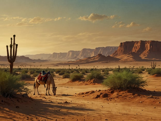 Auf dem Bild ist eine Wüstenlandschaft zu sehen, die typisch für Algerien ist. Die Sonne steht tief am Himmel und taucht die Umgebung in warmes Licht. Im Vordergrund grast ein Pferd, das mit einem Sattel und einer bunten Decke ausgestattet ist. Um das Pferd herum sind verschiedene Pflanzen zu erkennen, die in der trockenen Wüste wachsen, sowie einige felsige Erhebungen im Hintergrund. Diese Landschaft spiegelt die Schönheit und Einzigartigkeit der algerischen Wüste wider, die für ihre weitläufigen Sanddünen und beeindruckenden Gebirgszüge bekannt ist.