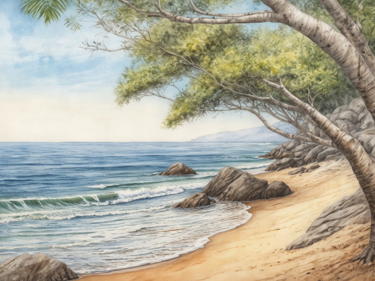 Ein abgeschiedener Strand mit feinem, goldenem Sand und sanften Wellen, die an die Küste plätschern. Im Vordergrund sind große, glatte Steine am Ufer sichtbar, während im Hintergrund üppige, grüne Bäume die Szenerie rahmen. Der Himmel erstrahlt in sanften Blau- und Beigetönen, was eine ruhige und entspannende Atmosphäre schafft.
