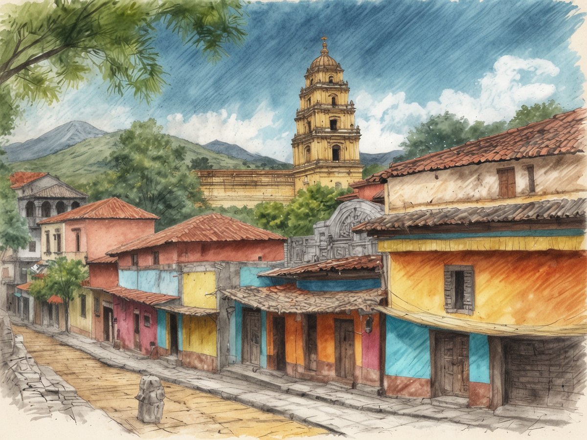 Eine malerische Ansicht der historischen Stadt Metapán, die nahe der Grenze zu Guatemala liegt. Bunte, koloniale Gebäude mit roten, oderangeroten, blauen und gelben Fassaden säumen eine gepflasterte Straße. Im Hintergrund ragt ein hoher Kirchturm mit goldenen Akzenten in den Himmel, umgeben von sanften grünen Hügeln und einem klaren, blauen Himmel mit ein paar weißen Wolken. Die Landschaft vermittelt eine ruhige, kulturelle Atmosphäre und zeugt von der reichen Geschichte der Region.