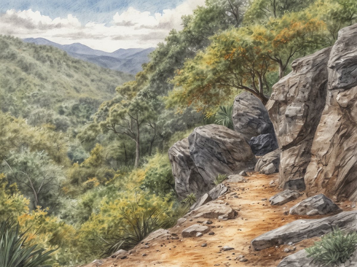 Ein malerischer Wanderweg führt durch das El Jícaro Naturreservat und ist umgeben von dichten, grünen Wäldern und imposanten Felsen. Die Landschaft wird von sanften Hügeln und Bergen im Hintergrund geprägt, während das Erdreich des Pfades mit kleinen Steinen bedeckt ist. Die Atmosphäre vermittelt eine ruhige und einladende Naturumgebung, die ideale Bedingungen zum Wandern und Klettern bietet.