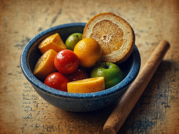 Auf dem Bild ist eine bunte Auswahl an frischem Obst in einer schlichten blauen Schüssel zu sehen. Die Kulinarischen Höhepunkte wären die leuchtend roten Tomätchen, die saftigen gelben Zitrusfrüchte und die knackigen grünen Äpfel. Die Kombination aus verschiedenen Farben und Texturen bietet nicht nur einen visuellen Genuss, sondern verspricht auch einen frischen und erfrischenden Geschmack – perfekt für einen gesunden Snack oder als Zutat in einem fruchtigen Salat. Der Holzstock daneben könnte darauf hindeuten, dass bald ein köstliches Gericht zubereitet werden könnte.